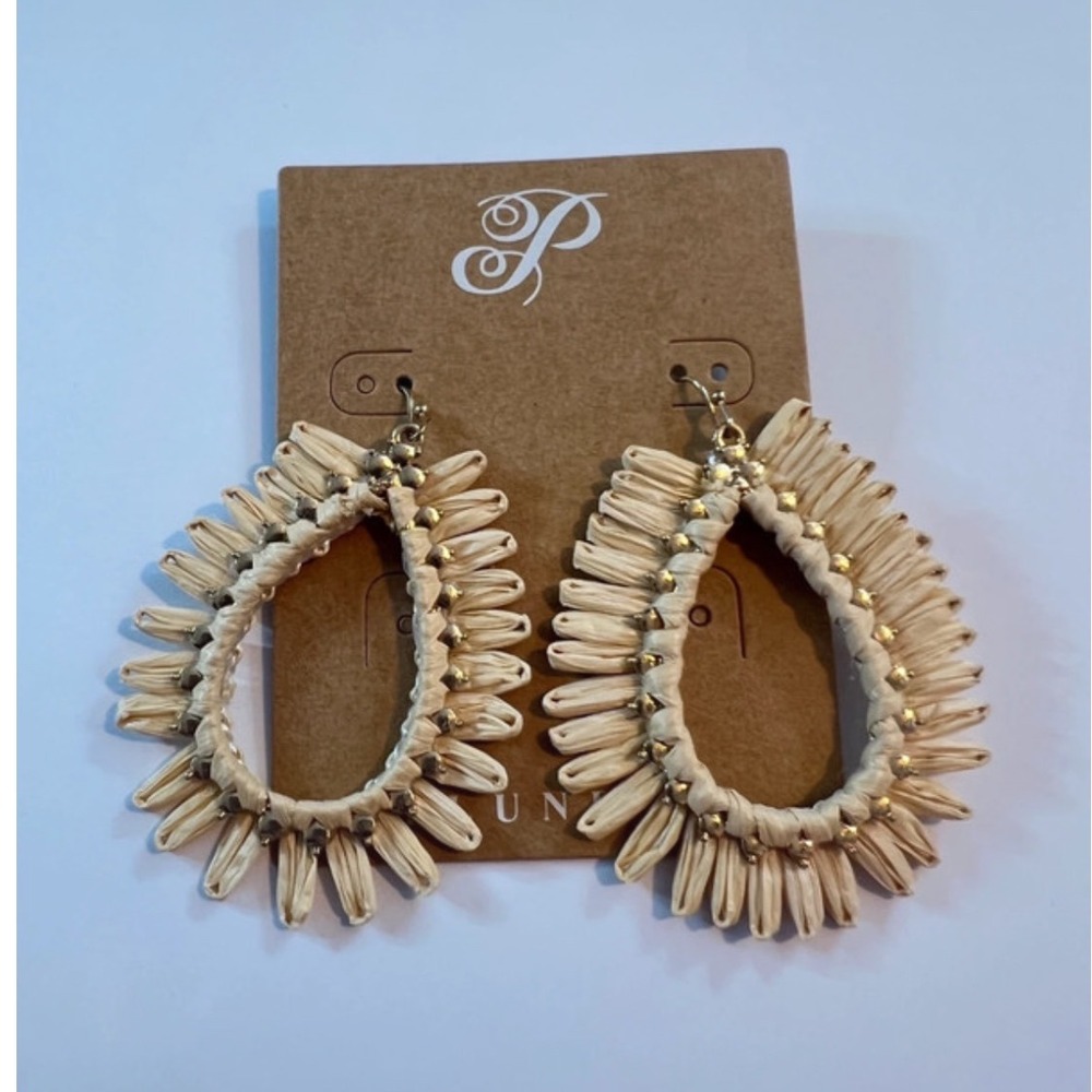 Plunder Design Raffia Teardrop Statement Earrings Cream Gold‎ Bead Boho New